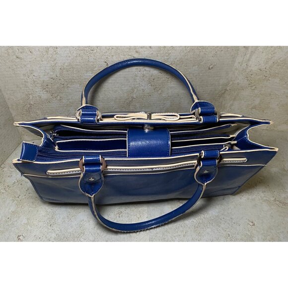 Vtg Liz Claiborne Blue Faux Leather Handbag With White Accent Bow & Dual Handles - Picture 4 of 8